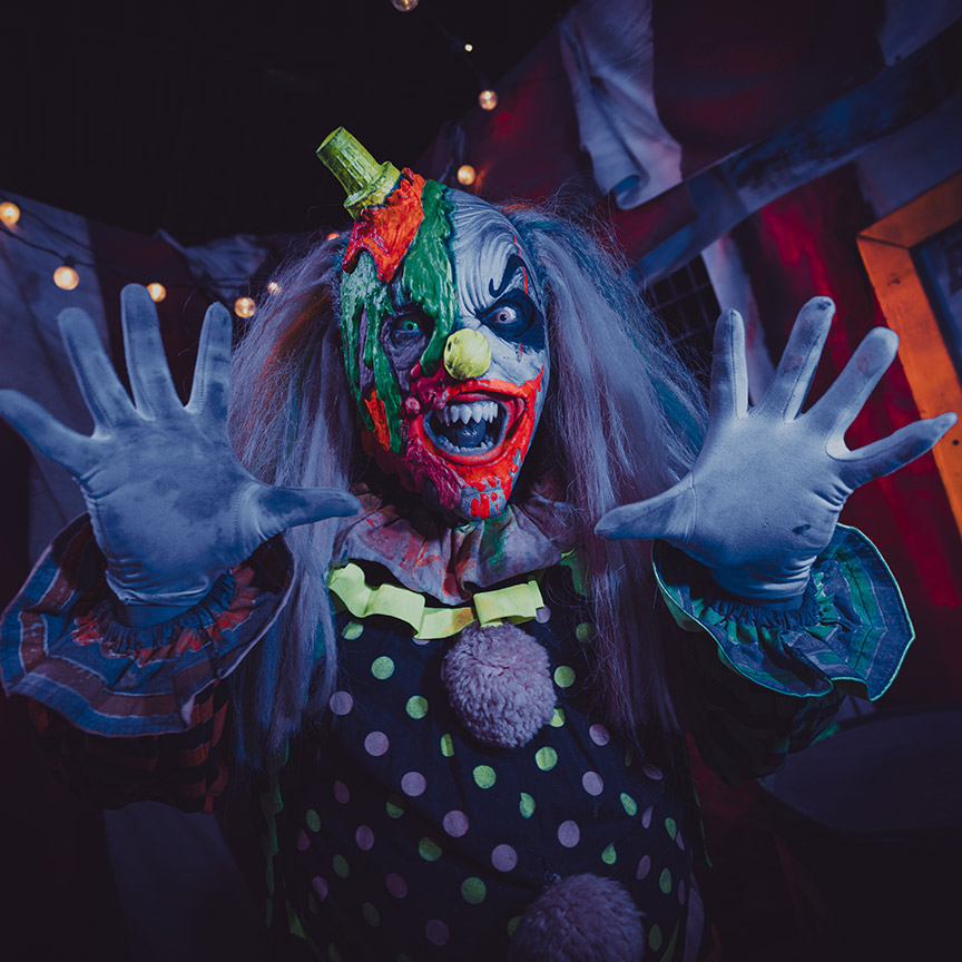 a nightmare clown character at the best haunted house in salt lake city Fear Factory Haunted house